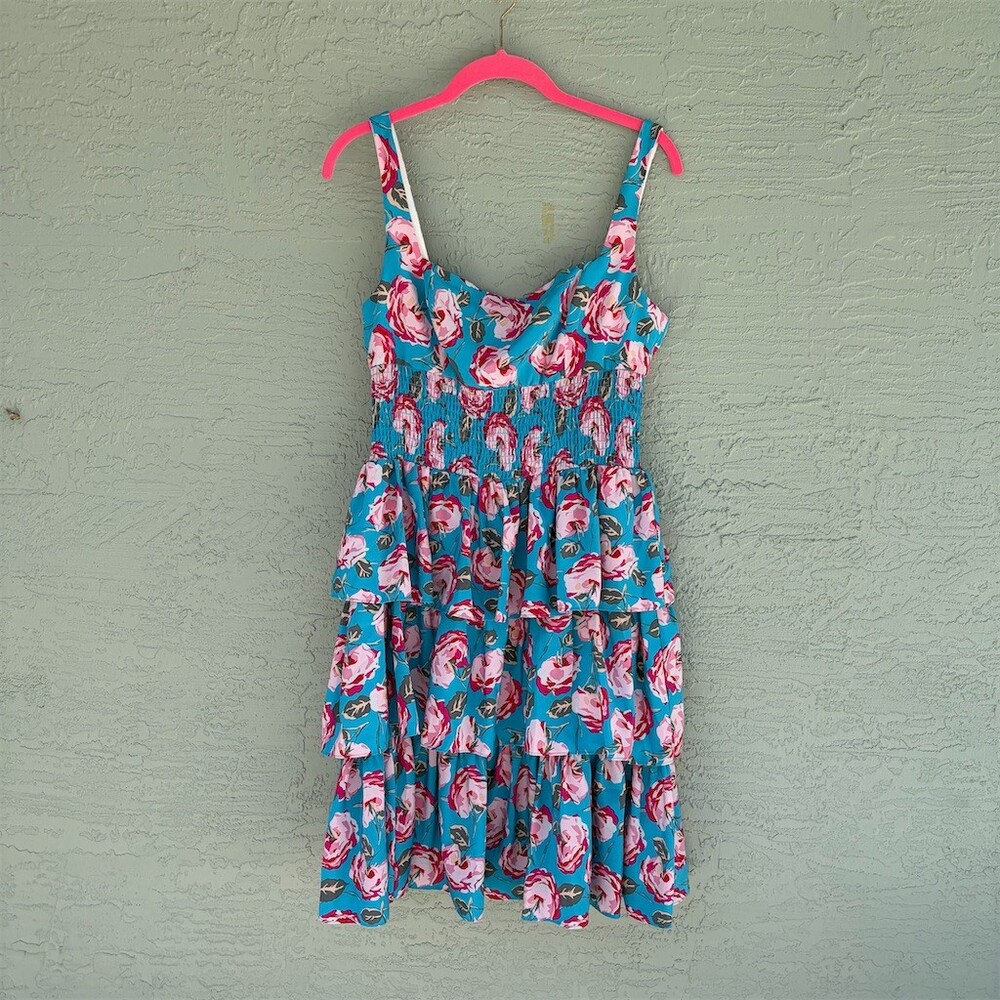 Betsey Johnson Sundress Womens Size 10 Blue Floral Tiered Ruffle Smocked